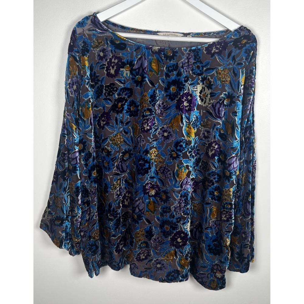 Soft Surroundings Sz XL ELECTRIC Velvet Burnout Rich‎ Velvet Floral Blouse Top - Picture 2 of 12